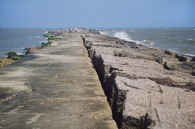 The Port Aransas South Jetty extending into the Gulf of Mexico.