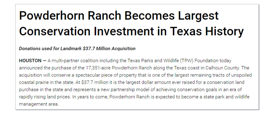 Texas Parks and Wildlife Department (TPWD) announcement of the acquisition of Powderhorn Ranch, August 2014.