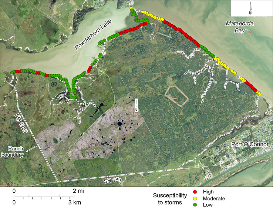 Figure S4. Shoreline susceptibility to storm surge and storm waves on Powderhorn Ranch along Matagorda Bay and Powderhorn Lake.