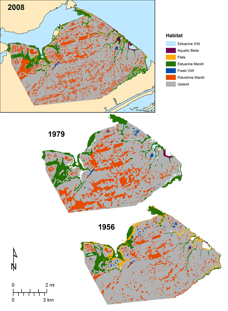 Figure W3. Maps showing distribution of major wetland and aquatic habitats in 2008, 1979, and 1956 in the Powderhorn Ranch area.