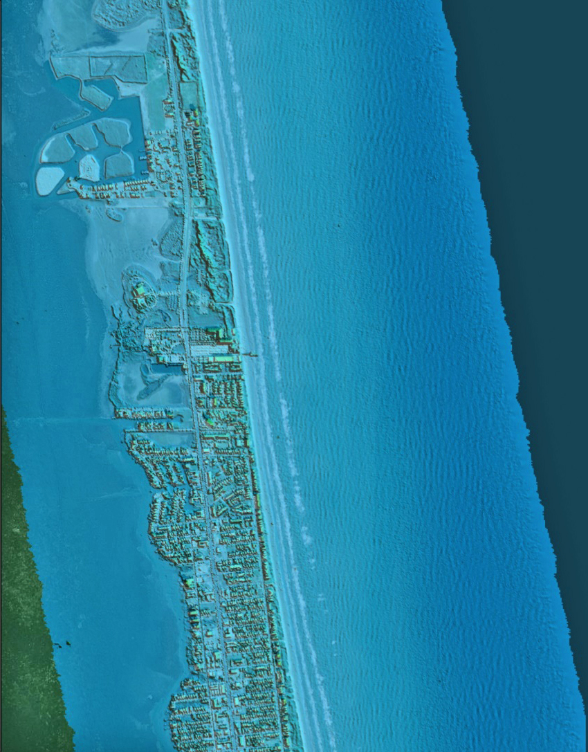 Southern Padre Island topography and nearshore bathymetry derived from near-infrared and green (underwater) lidar.