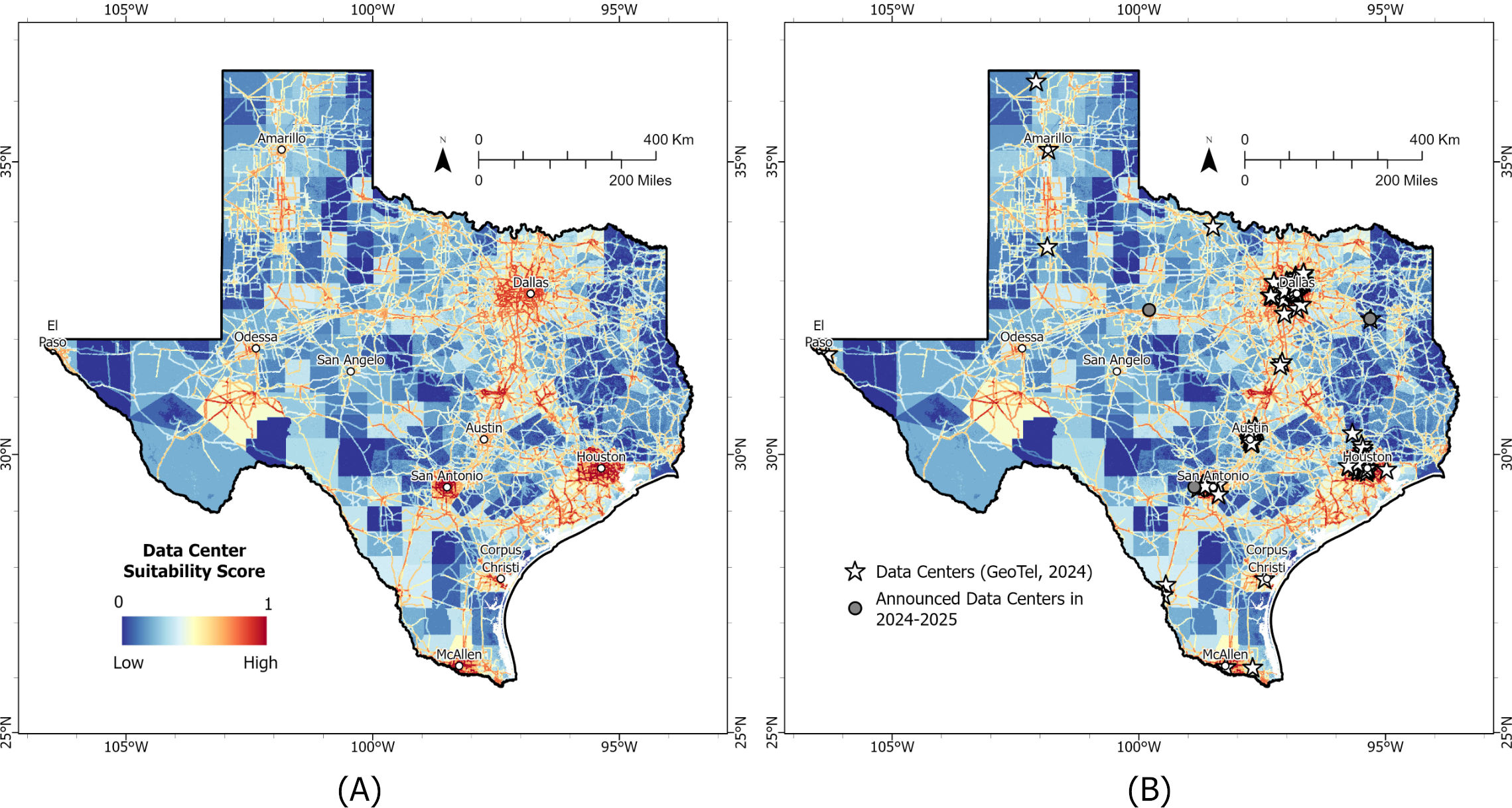 Maps of Texas showing optimal locations for data center placement