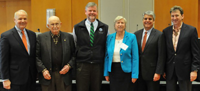 From left: Larry Faulkner, former president of UT Austin; Peter Flawn, Emeritus, former president of UT Austin; Terry Quinn, director of the Institute for Geophysics; Sharon Mosher, dean of the Jackson School; Greg Fenves, president of UT Austin; and Scot