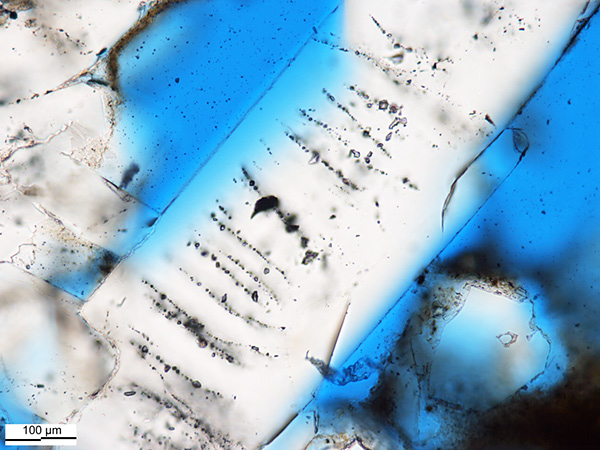 Fracture-wall-parallel trails of hydrocarbon gas inclusions in a quartz cement bridge in a tight-gas sandstone