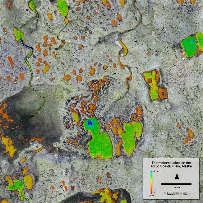 RGB imagery fused with NIR and green-wavelength lidar-derived DEM of Alaskan North Slope thermokarst lakes (08/2014).