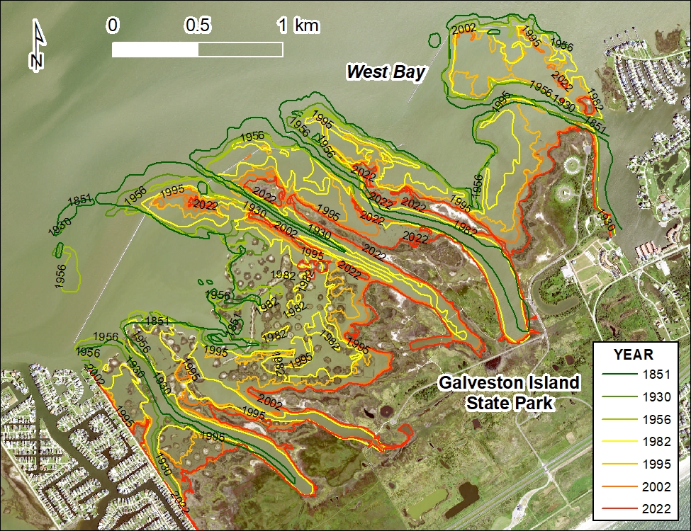 Positions of West Bay shorelines
