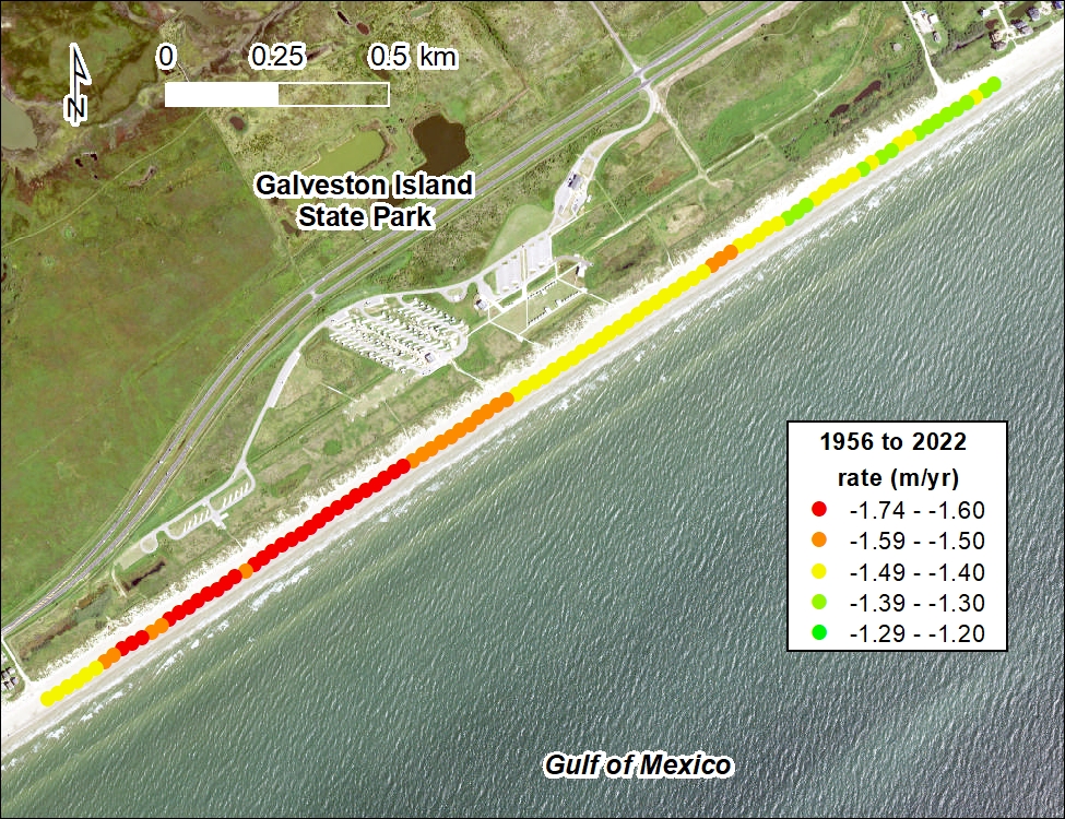 Net rate of intermediate-term movement for the Gulf of Mexico shoreline in Galveston Island State Park calculated from shoreline positions from 1956 and 2022
