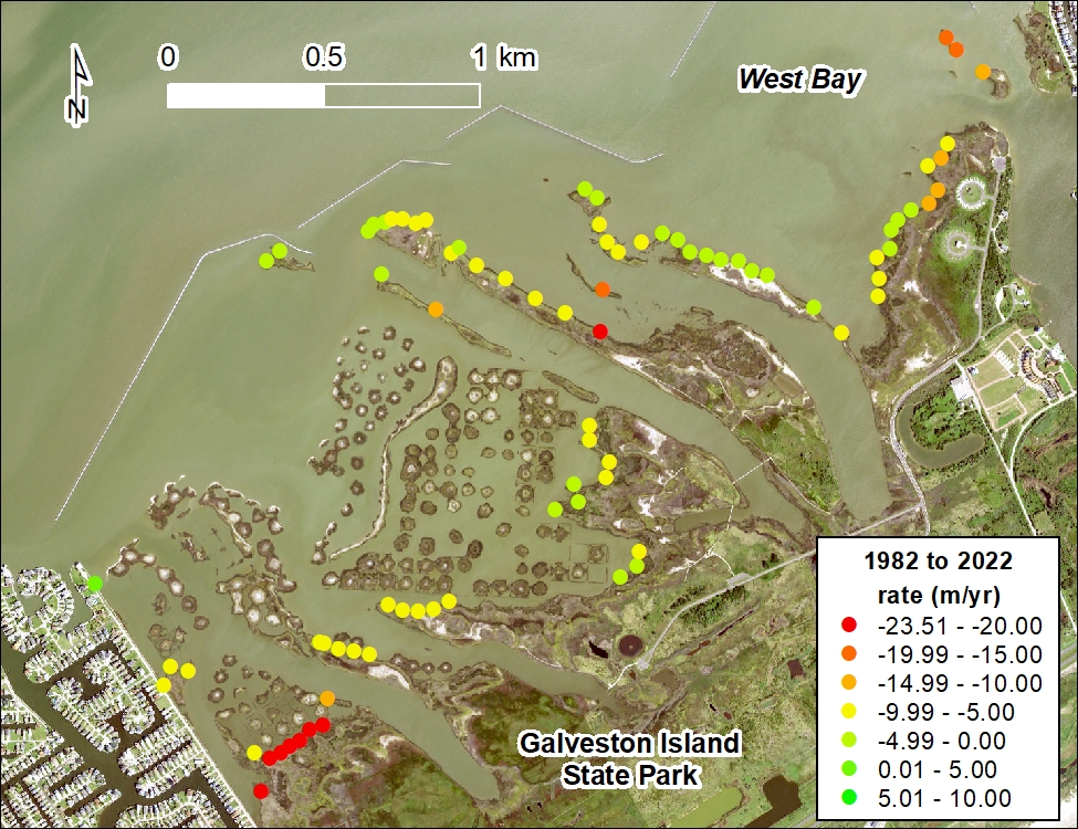 Net rate of short-term movement for the West Bay shoreline in Galveston Island State Park calculated from shoreline positions from 1982 and 2022