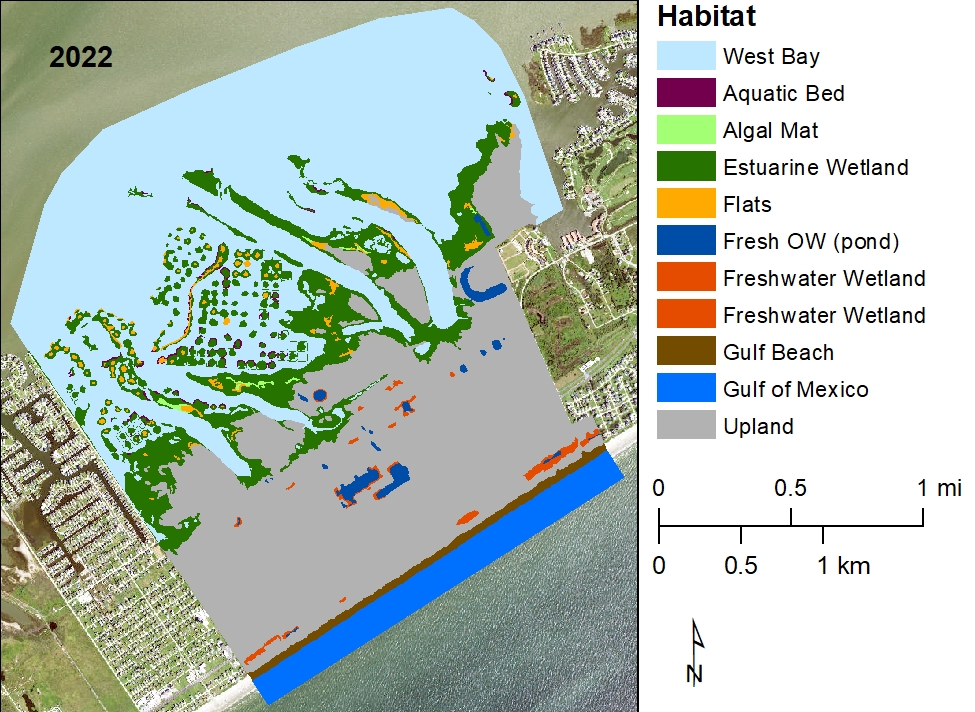 Areal distribution of habitats in Galveston Island State Park in 2022