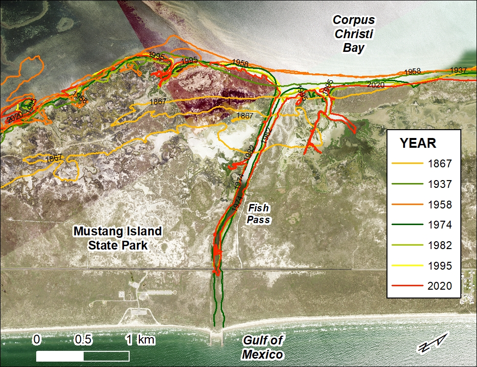 Position of Corpus Christi Bay margin shorelines along a portion of the Mustang Island State Park shoreline between 1867 and 2020