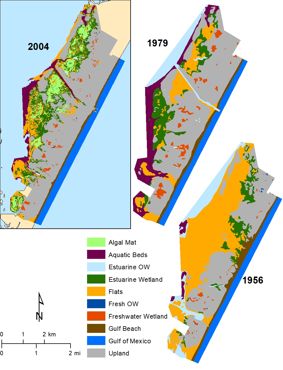 Figure 4. Maps showing distribution of major wetland and aquatic habitats in 2004, 1979, and 1956 in Mustang Island State Park. Modified from White and others, 2006.