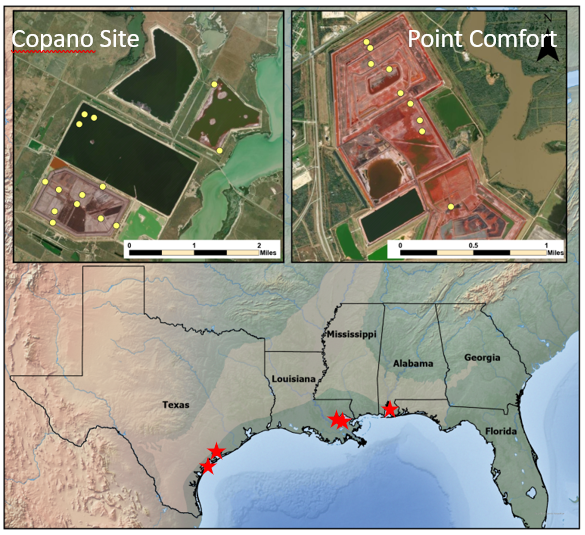 Figure 11. Location of bauxite residue (red mud) sample sites from Copano and Point Comfort sites in Texas.
