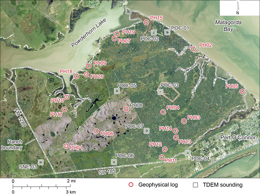 Location of logged wells and time-domain electromagnetic induction (TDEM) soundings