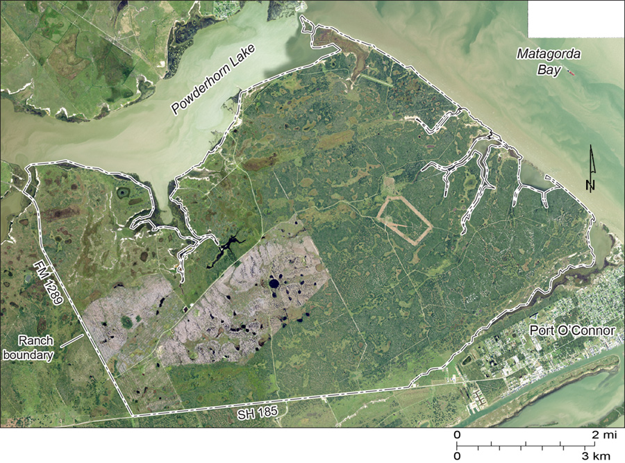 Map of Powderhorn Ranch, Powderhorn Lake, Matagorda Bay, and Port O'Connor, Calhoun County, Texas.