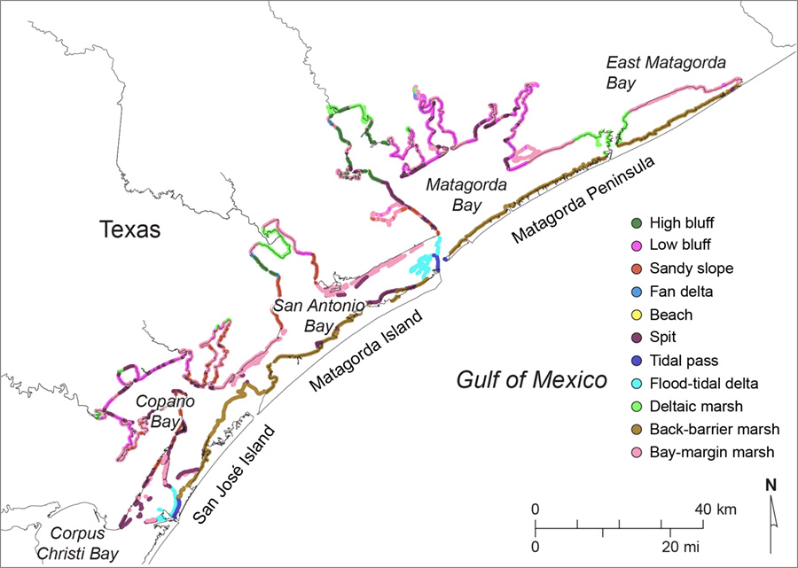 Figure S1. Distribution of principal shoreline types in the Copano, San Antonio, and Matagorda Bay systems (Paine and others, 2016)