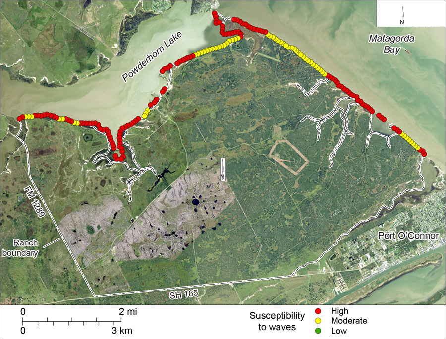 Figure S3. Shoreline susceptibility to non-storm wave activity on Powderhorn Ranch along Matagorda Bay and Powderhorn Lake.