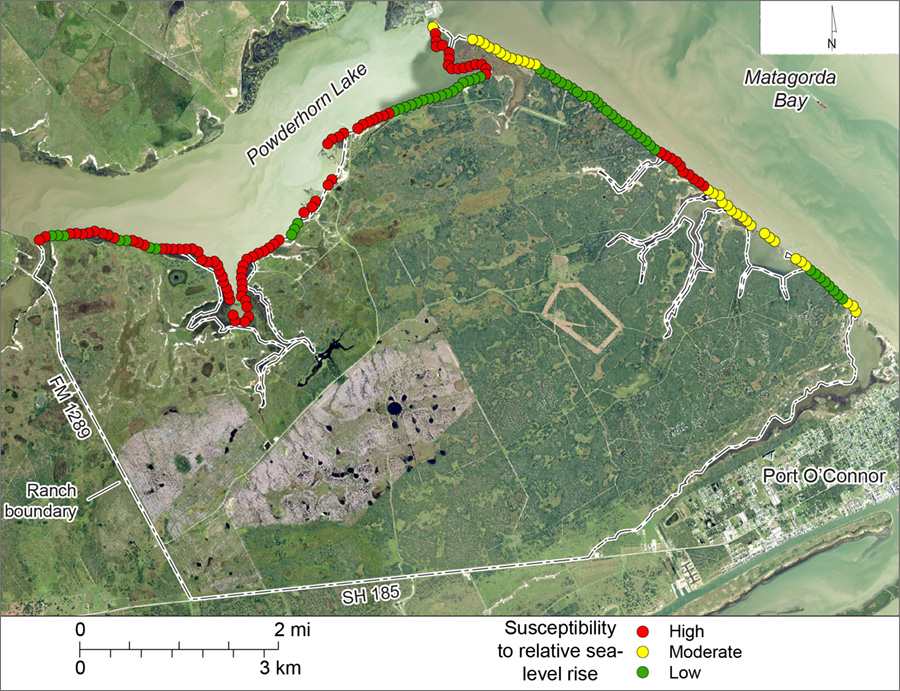 Figure S5. Shoreline susceptibility to relative sea-level rise on Powderhorn Ranch along Matagorda Bay and Powderhorn Lake.