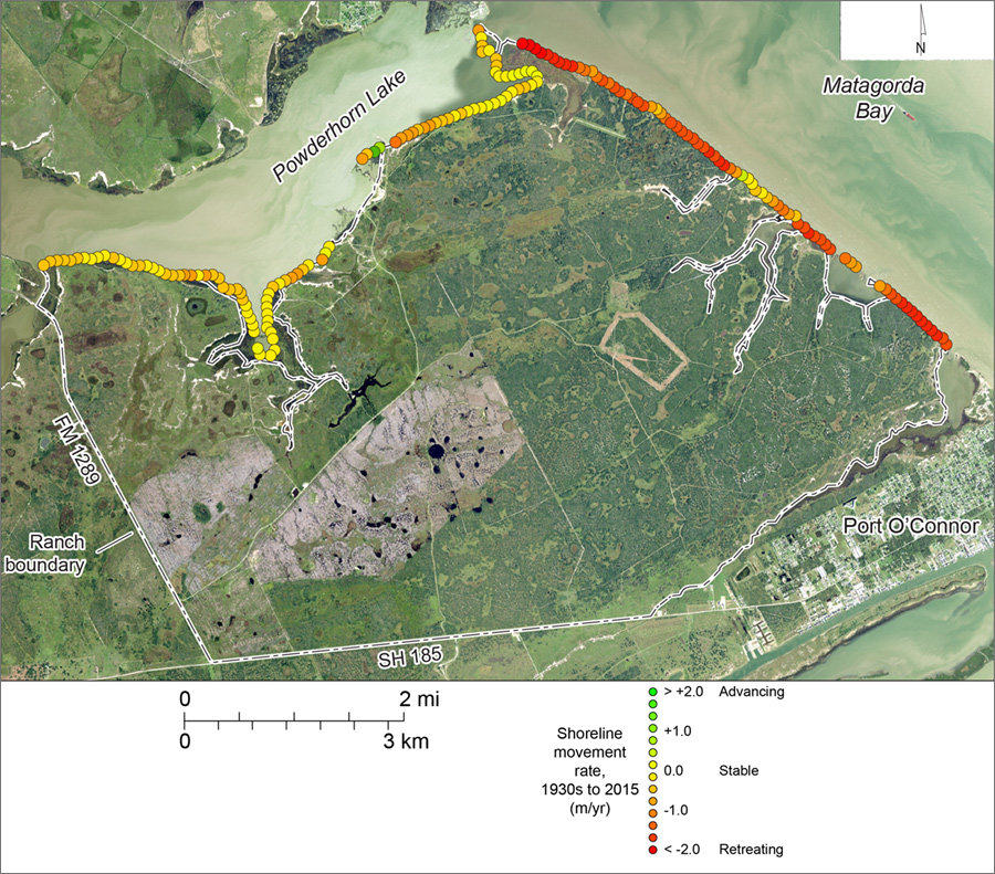 Figure S10. Net shoreline movement rates between the 1930s and 2015 along the Matagorda Bay and Powderhorn Lake shorelines of Powderhorn Ranch. Data from Paine and others (2016).