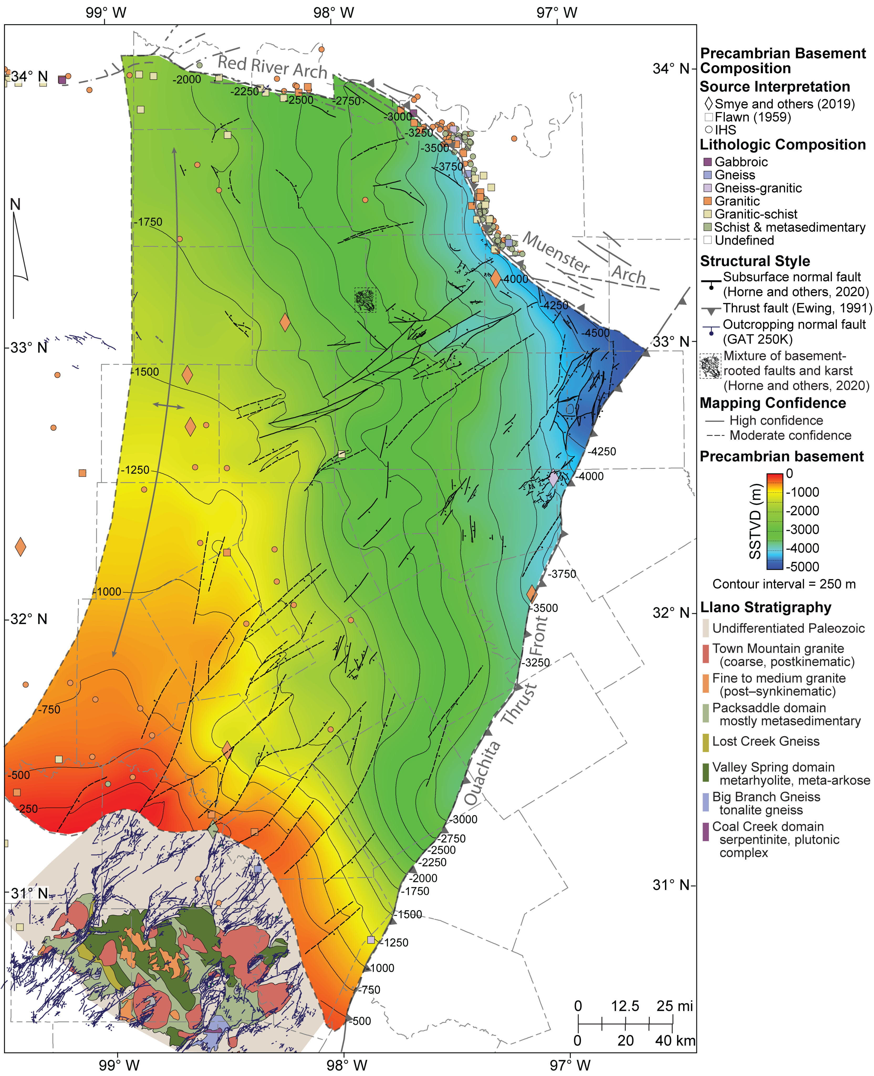 Fort Worth Basin structural contour map