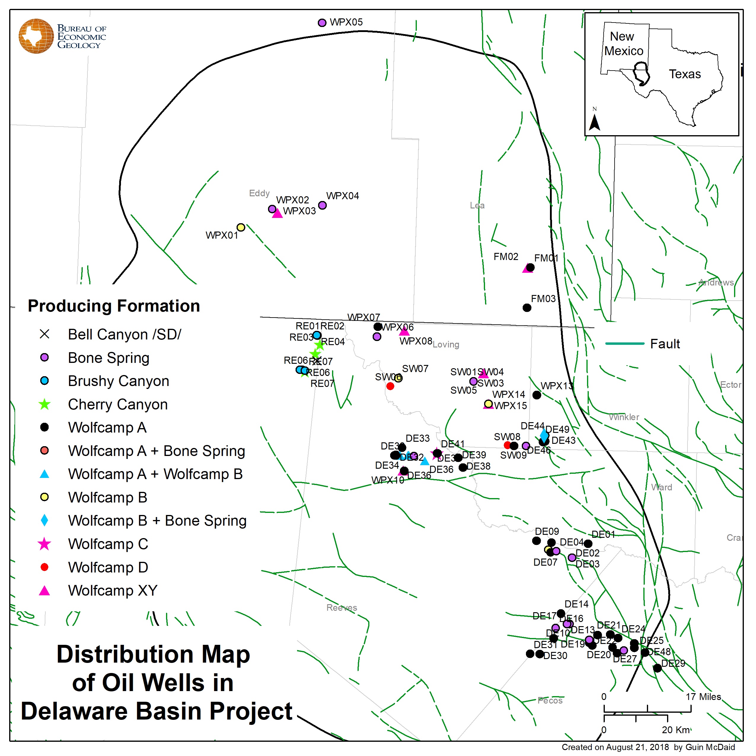 Distribution map of oil wells in Delaware Basin Project