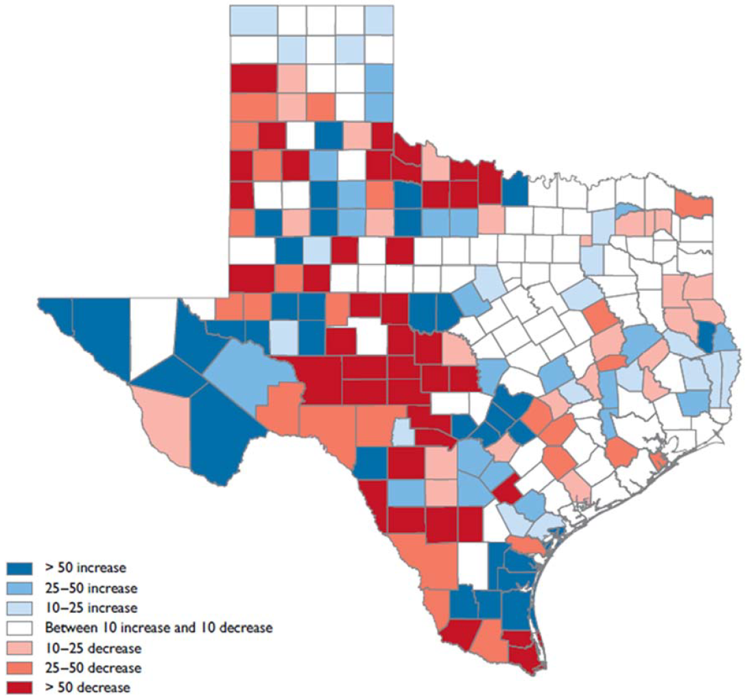 Texas water decreases map