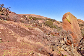 Hikers climbing Enchanted Rock are dwarfed by its expanse, seen here in the distance from nearby Little Rock. Photo courtesy of Tracey Terall.